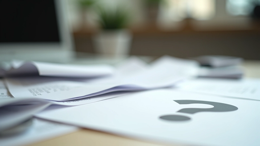 Ungeordnete Papierstapel und Belege auf Schreibtisch, chaotisches Dokumentenmanagement mit Fragezeichen