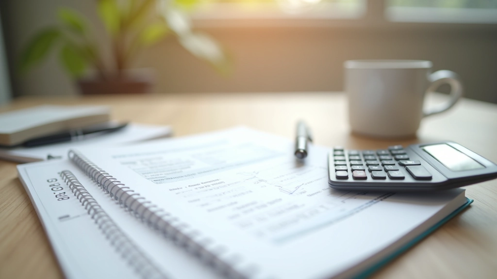 Taschenrechner und Finanzplanungsnotizen auf einem Schreibtisch mit Kaffeetasse