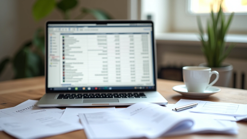 Laptop mit Buchhaltungssoftware und Rechnungen neben Kaffeetasse