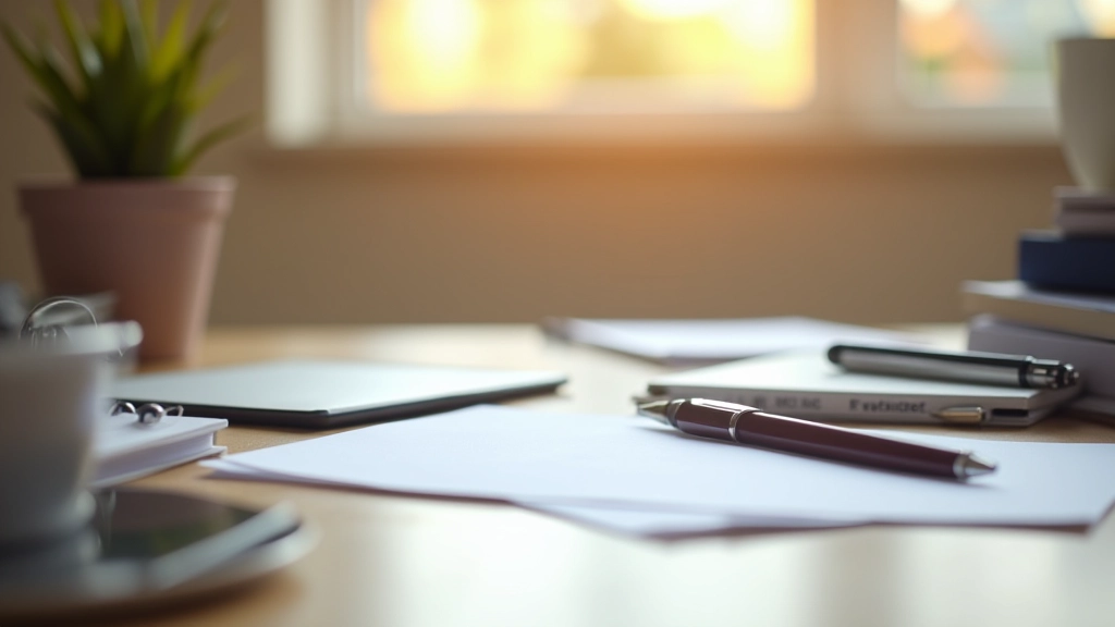 Organisierter Schreibtisch mit Rechnungsordnern, Notizblock und Stift, strukturiert und ordentlich