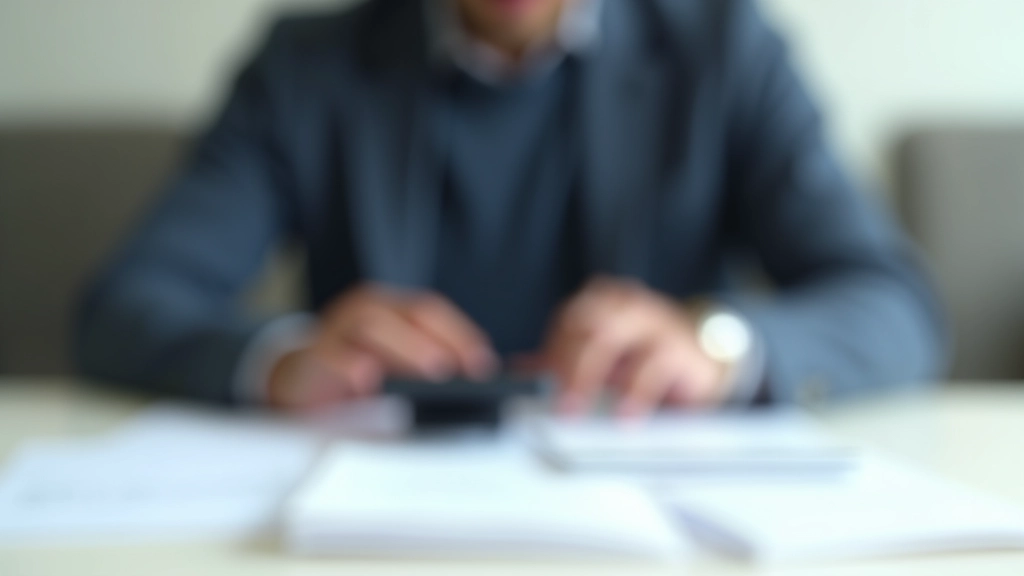 Person arbeitet mit Taschenrechner und Finanzunterlagen am Schreibtisch, professionelle Büroumgebung
