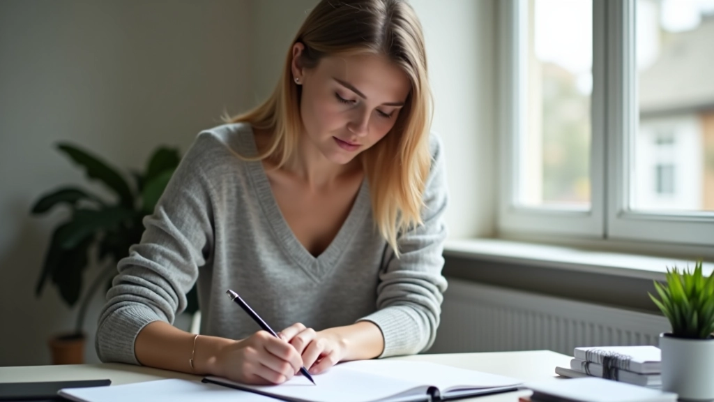 Frau schreibt Checkliste für Versicherungsentscheidung in Notizbuch