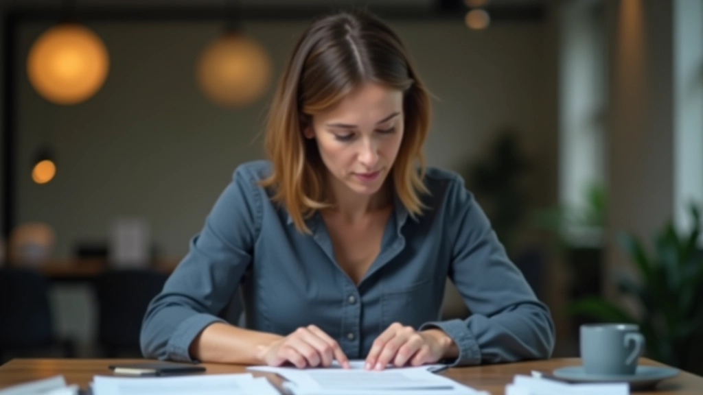 Frau mit Brille arbeitet konzentriert an Steuererklärung am Schreibtisch, Unterlagen und Kaffeetasse daneben